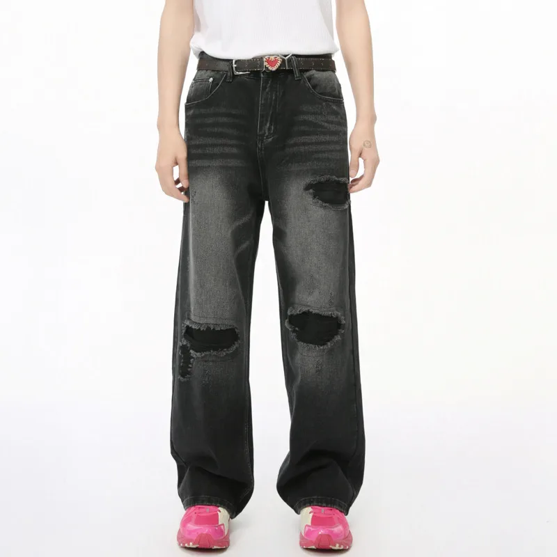 American Style High Street Men's Denim Pants Worn-out Hole Washed Bottom Straight Wide Leg Loose Male Jeans 2024 Autumn