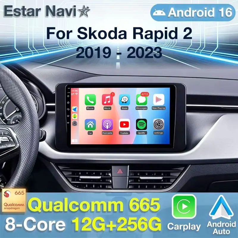 Android 16 For Skoda Rapid 2 2019-2023 Wireless CarPlay Android Auto 8 Core Head Unit Player Stereo WiFi SWC DTS 2 DIN Autoradio