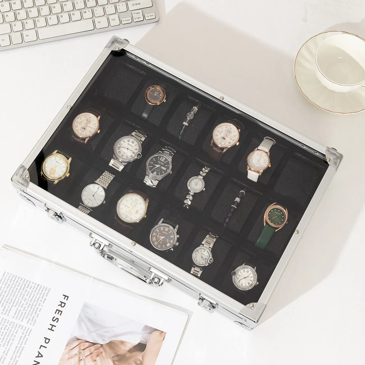 High-End Aluminum Alloy Watch Case Transparent Jewelry Storage Display Box for 18/10/12 Digit Watches Luxury Watch Box