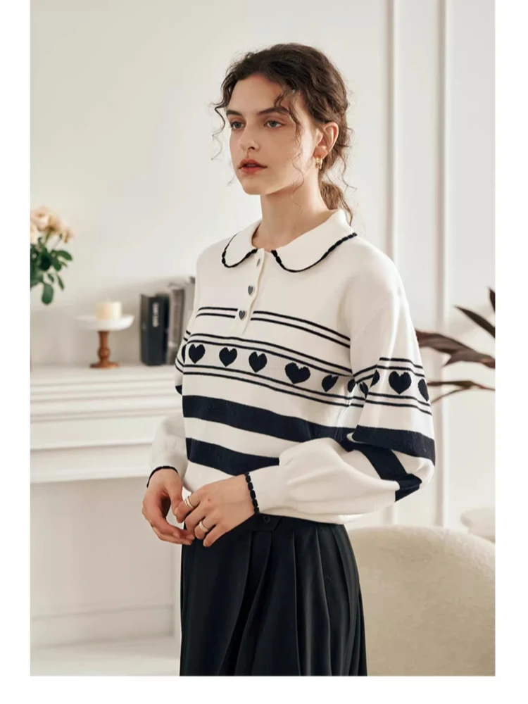 OLrain レディース ストライプ セーター 2025 秋の新作 ターンダウンカラー 長袖 ジャンパー カジュアル ルーズフィット プルオーバー O23DM69099