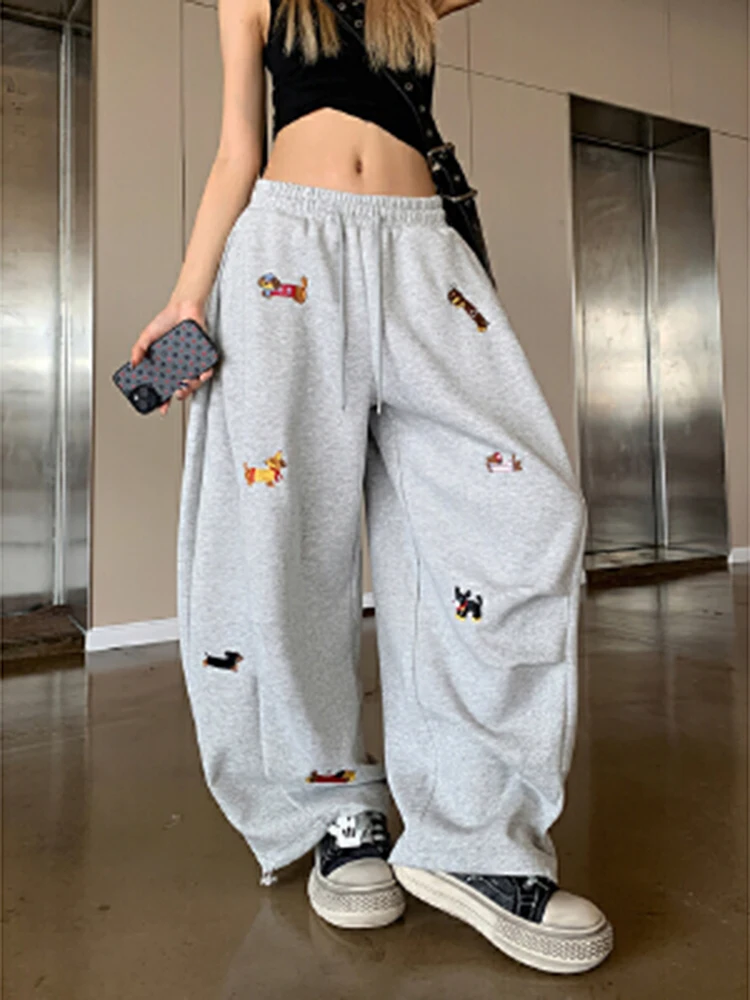 Aoaiiys High Street Pants Women's Sausage Dog Embroidered Fashion Loose Trousers 2026 Summer New Comfortable Straight Sweatpants