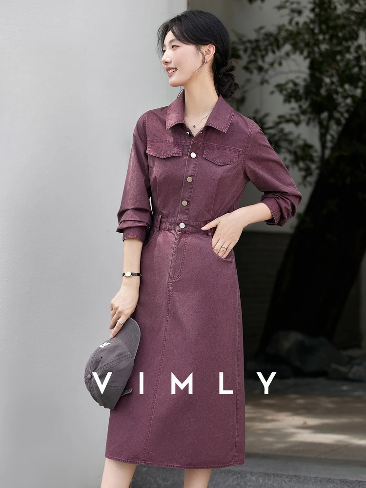 

VIMLY Women's Purple Denim Dresses Casual Pure Cotton Turn-down Neck Ladies Maxi Dress Autumn 2025 Straight Button Dress A2891