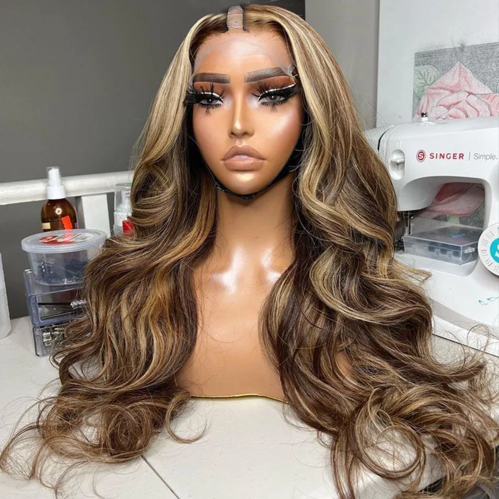 Honigbraune, aschbraune, blonde Highlights, 100 % Echthaar, U-förmige Perücke für schwarze Frauen, vollständig maschinell gefertigte, braune, natürliche Wellenperücke, einfach zu tragen. – Detail 3