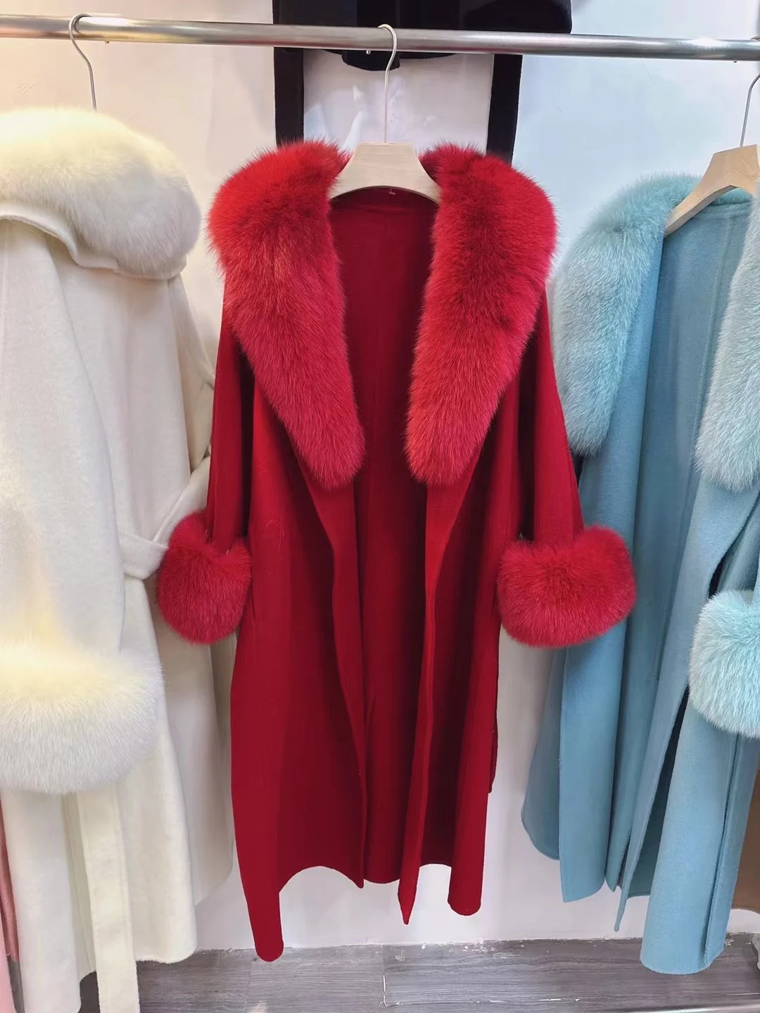 Manteau long en cachemire réversible pour femme, grand col en fourrure de renard, manteau haut de gamme pour femme, automne et hiver, nouveau