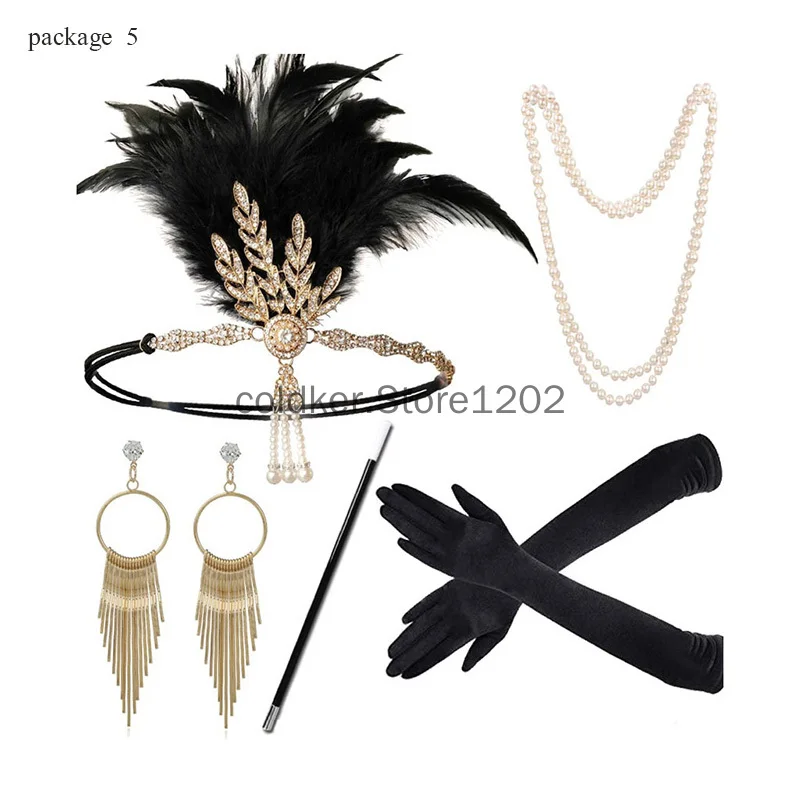 1920s Women Vintage Flapper Gatsby Costume Accessories Set 20s Headband Pearl Necklace Gloves Cigarette Holder Anime Earring Set