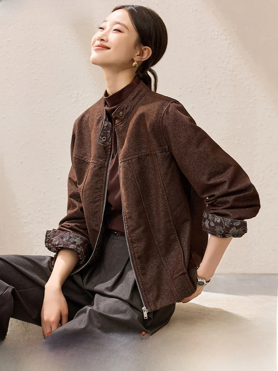 

Fuion Trendy ort Jaet Retro Sle Long Sve Воротник-стойка длиной до плеч Смесь хлопка и полиэстера Для поездок на работу Дени...