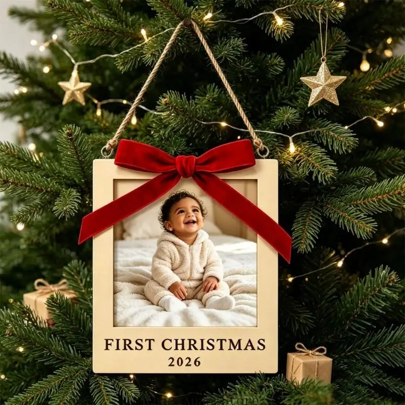 Weihnachts-Fotorahmen-Ornament aus Holz für Baum oder Wand 3XUF – Detail 5