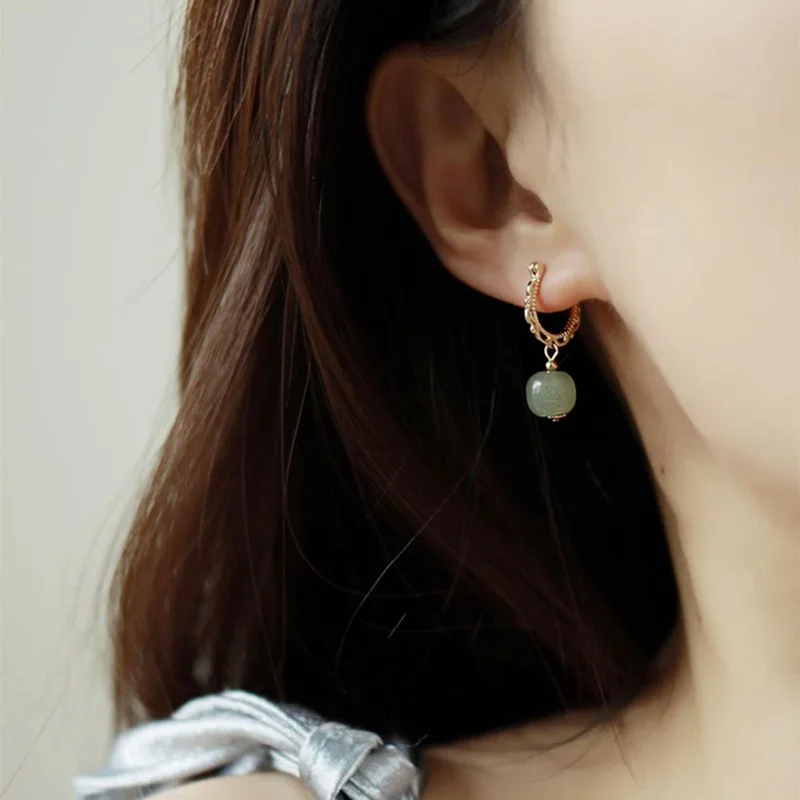 925 Plated Stamp Gold Color Hotan Jade Earrings for Women Girl Lace Fairy Gentle Palace Style Jewelry