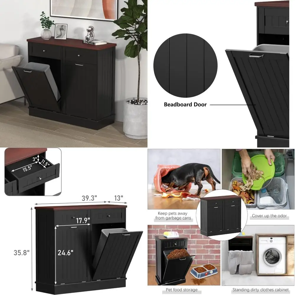 خزانة فرز الغسيل الخشبية القائمة بذاتها سعة 10 جالون مع درج مخبأ وصندوق إعادة التدوير #1