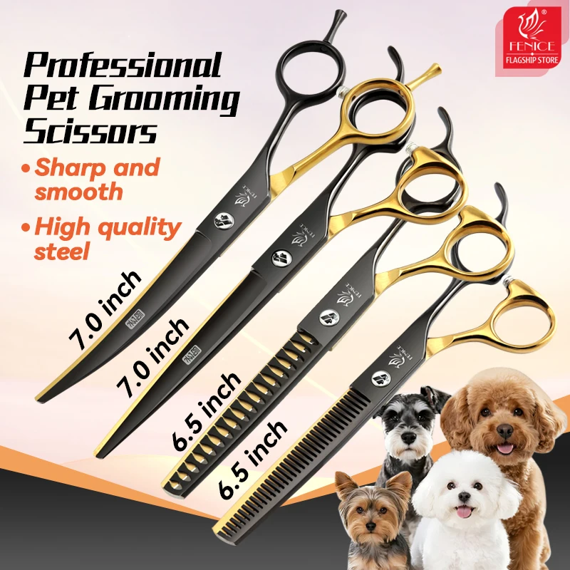 

Fenice 6.5/7 Inch Black Gold Pet Grooming Shears Straight Thinner Curved Chunker Canine Scissors for Beginners Household Use