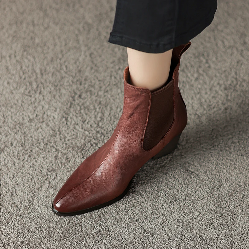 Elegant Women Shoes Genuine Leather Ankle Boots High Heels Short Basic Boots Pointed Toe Warm Autumn Winter Shoes Woman Boots