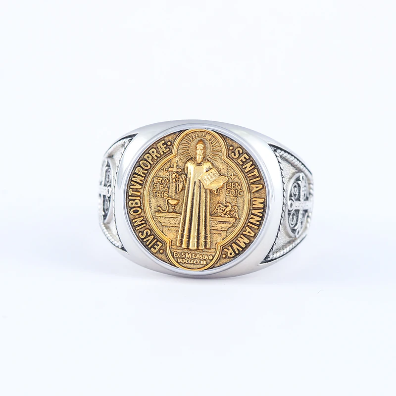 Saint Benedict Medal NDSMD CSSML EIVS IN OBITV NRO PRAE SENTIA MVNIAMVR Catholic Talisman Solid Sterling Silver Ring