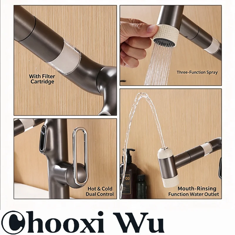 Washbasin faucet with 360-degree rotation, multi-function hair washing device, digital display, splash-proof, pressure boost, co