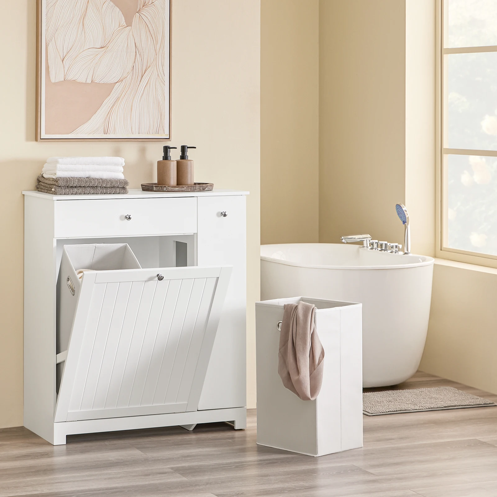 SoBuy BZR214-W Mueble de baño con recolector de ropa, 1 cajón, 2 cestas y compartimento extraíble 78x38x90cm