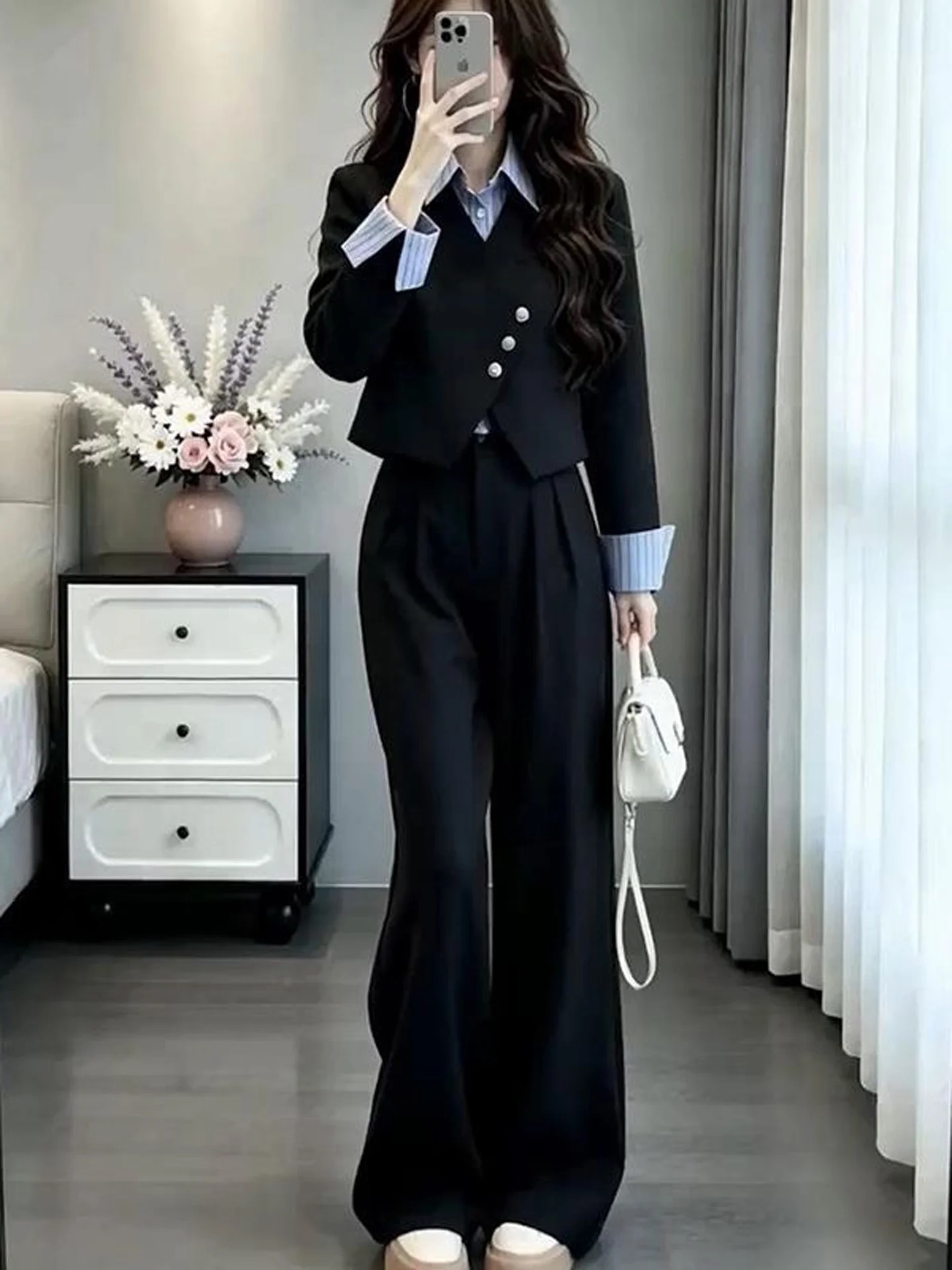 Fashionable Striped Shirt And High Waist Wide Leg Pants Two Piece Set Women's Autumn Outfit Fake Two-Piece Button Detail Casu...