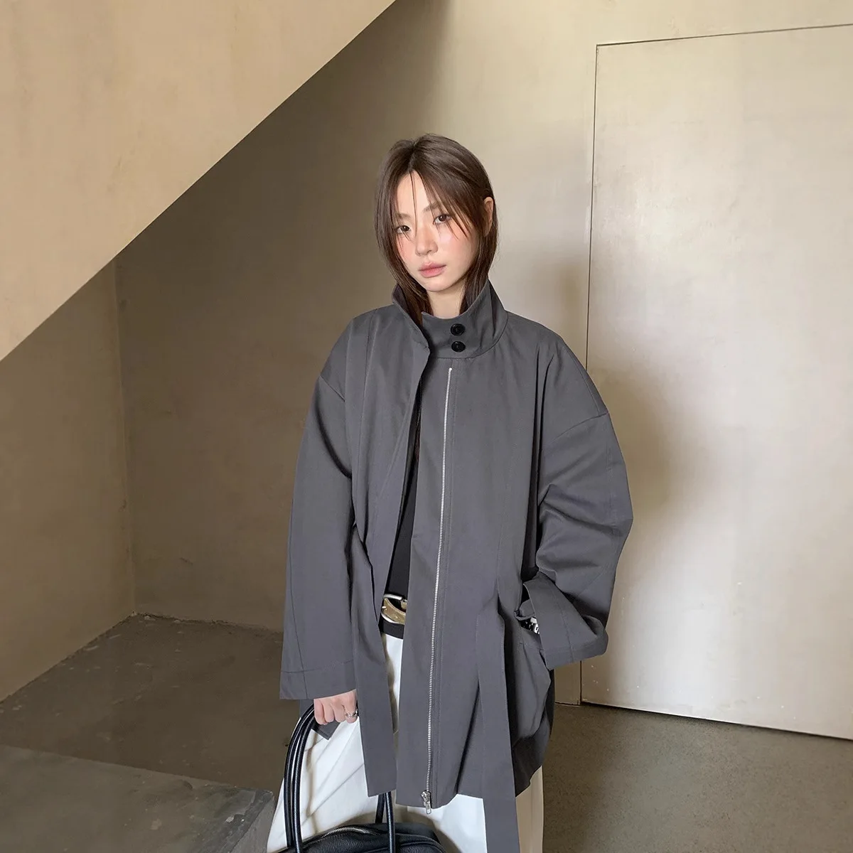 2025 Autumn Cotton Stand-up Collar Trench Coat Women's Short Trench Coat Women's Europe and America
