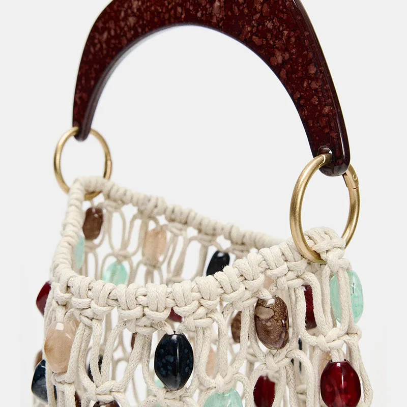 Bohemian Rope Crochet Women Bag Color Beading Beach Bags for Women Handmade Hollow Knitting Handbags and Purses Woven Bag New