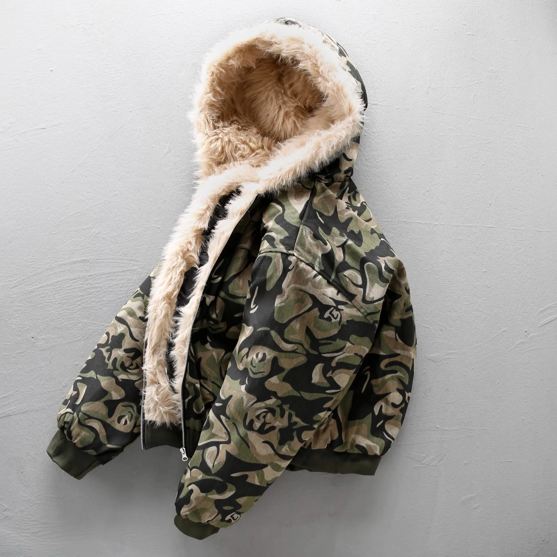 

American Washed Camouflage Hooded Jacket Thickened Cotton Coat Male Winter Outerwear Warm Long Sleeve Zipper Closure Coat