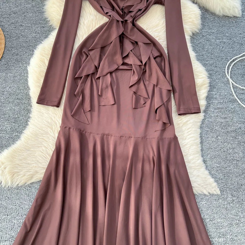 Vintage à volants à manches longues mince élégant fée mode coréenne Boho robe d'été femmes vêtements robe longue