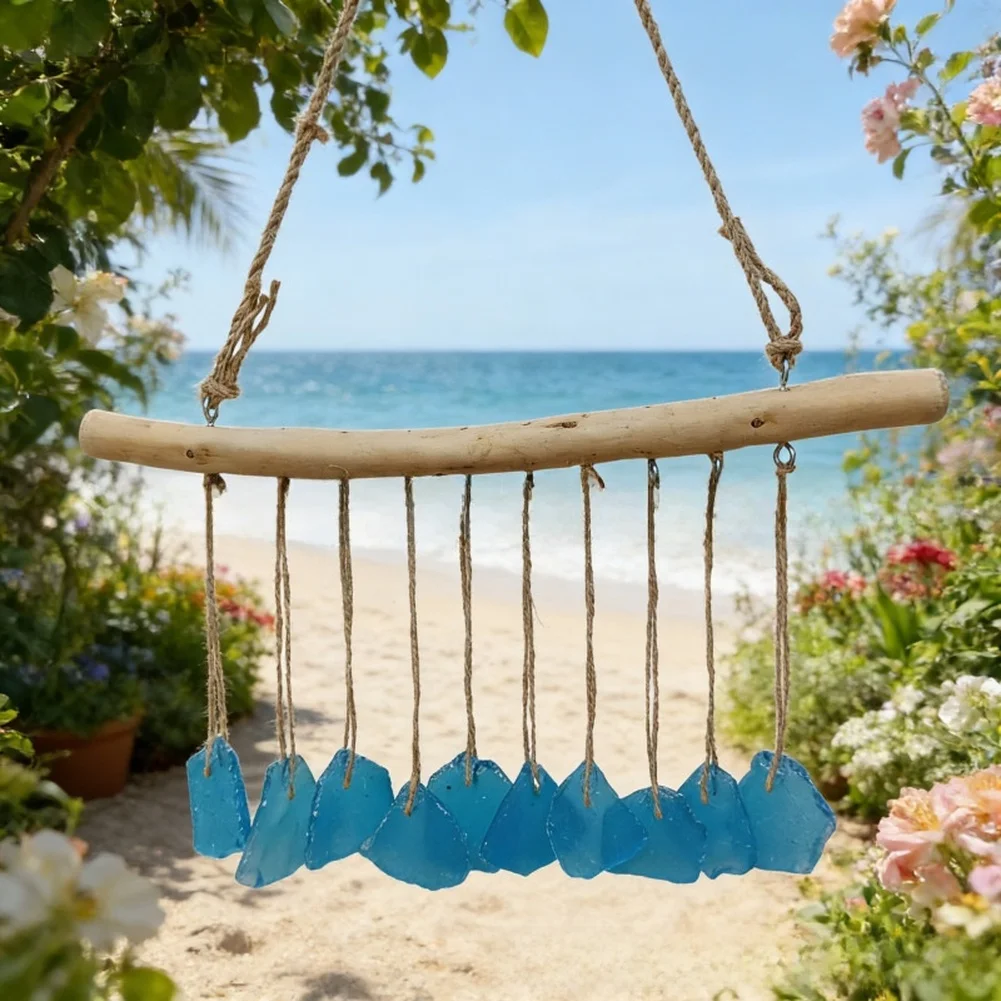 Driftwood Sea Glass Wind Chime Coastal Style Wall Hanging Ornament Blue Glass Art Decor For Home Garden Balcony