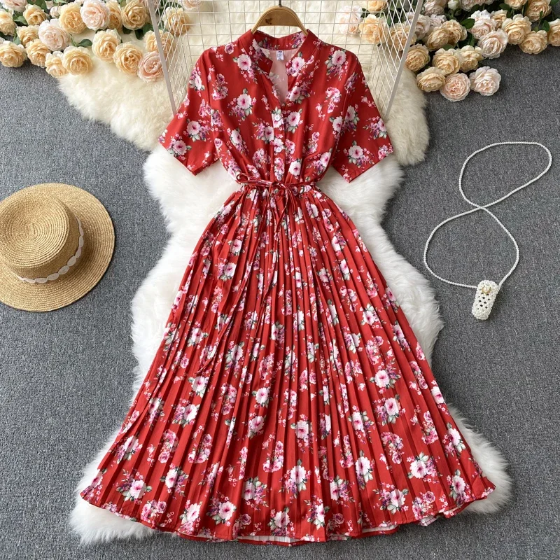 Robe longue à bandes pour femmes, col en v, manches courtes, Slim, Chic, douce, florale, ourlet plissé, robe de vacances, nouvelle collection été 2026