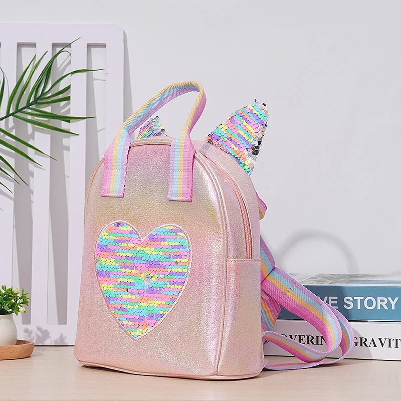 Borsa a tracolla portatile con zaino a forma di cuore di pesca con paillettes arcobaleno di nuova moda personalizzata