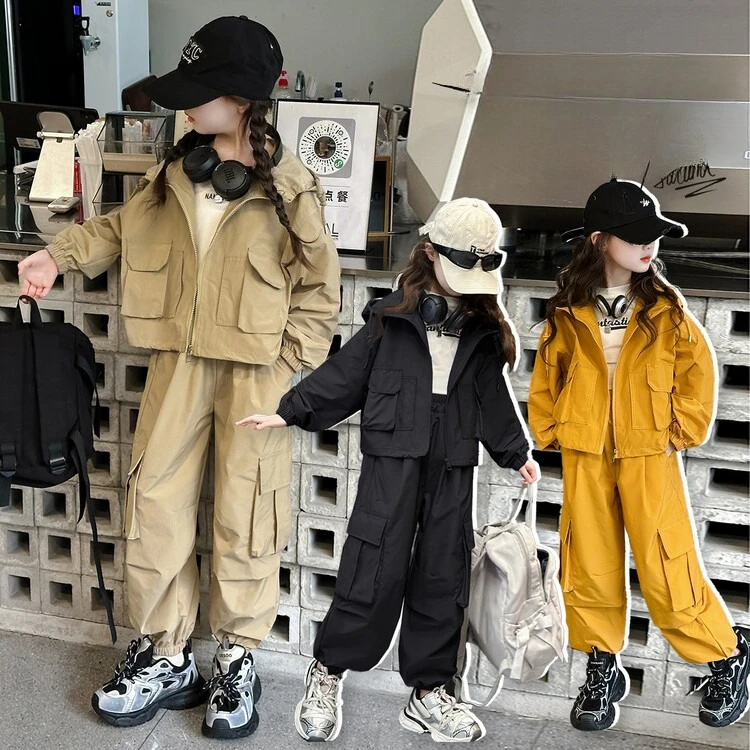spring 16 teen girl workwear clothes set hooded zipper jacket multi-pocket cargo pants 2pcs junior kid sport suit child outfits