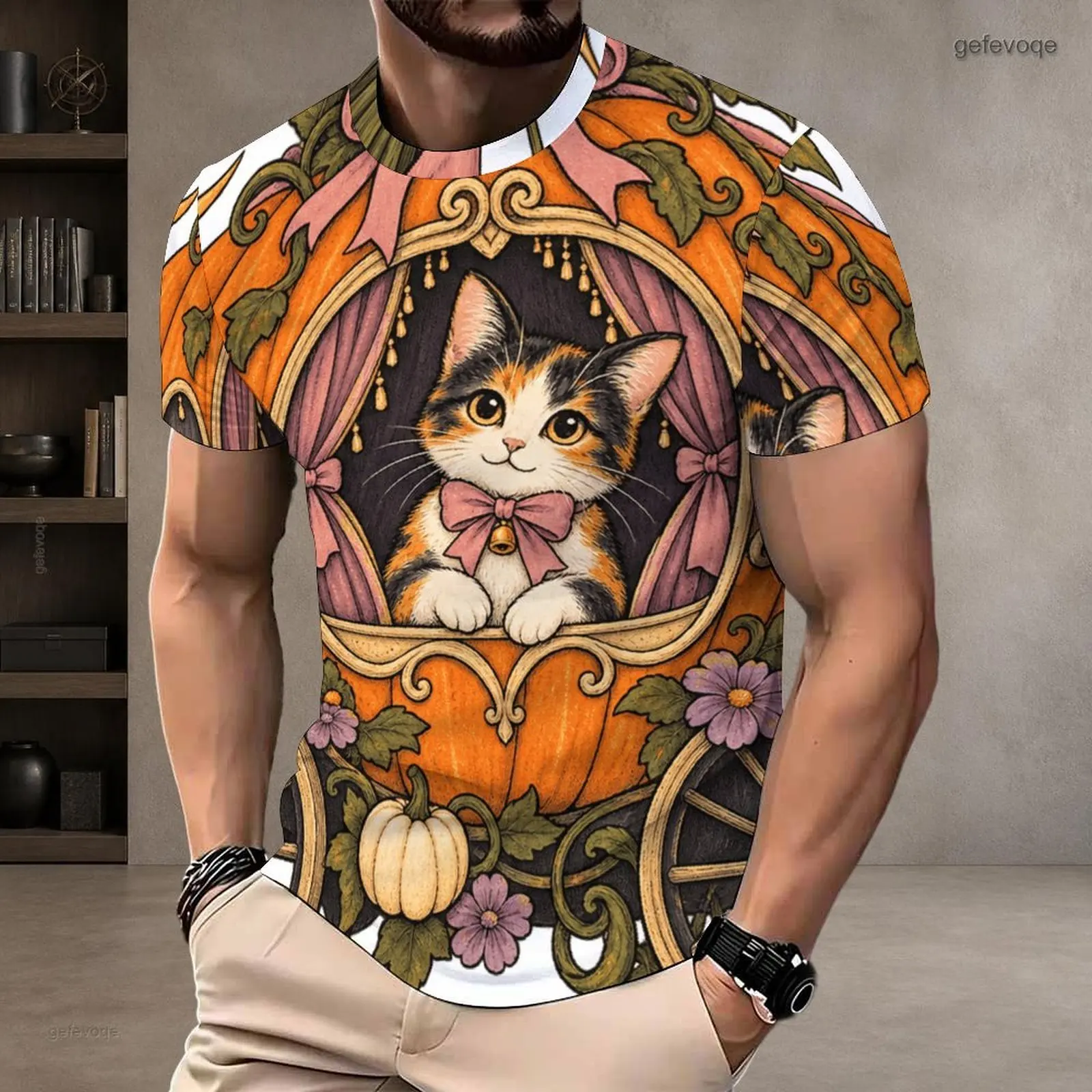 Men Printed Round Neck Short Sleeve T Shirt, Retro Smiling Moon, Bat, Pumpkin and Floral Design