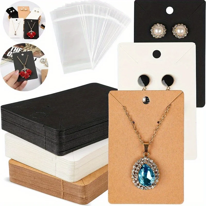 100 Sets Earring Display Cards with 100 Bags, Blank Kraft Paper Earring Card Holders Tags, for DIY Stud Earrings Necklaces Jewel