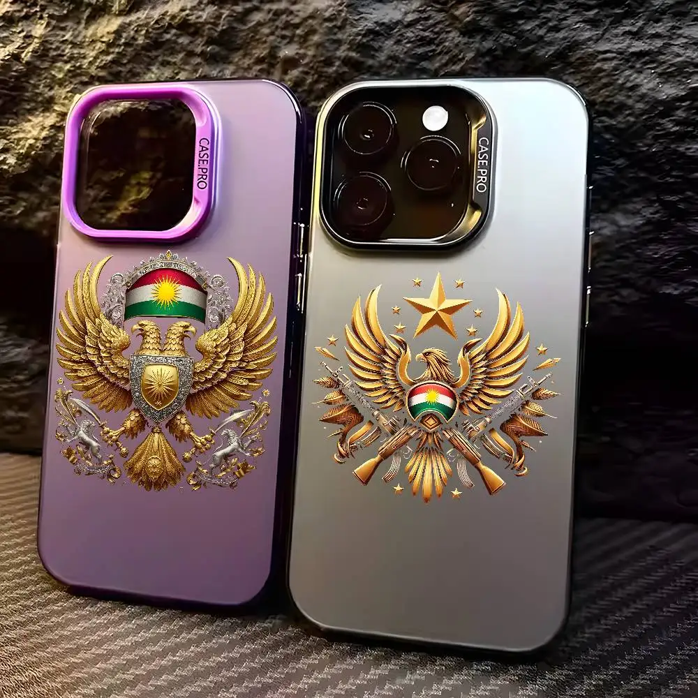 

Kurdish Kurdistan Gold Logo Phone Case For IPhone 16 15 14 13 12 11 Plus Pro Max Multicolor Aurora Laser Shockproof Funda Cover