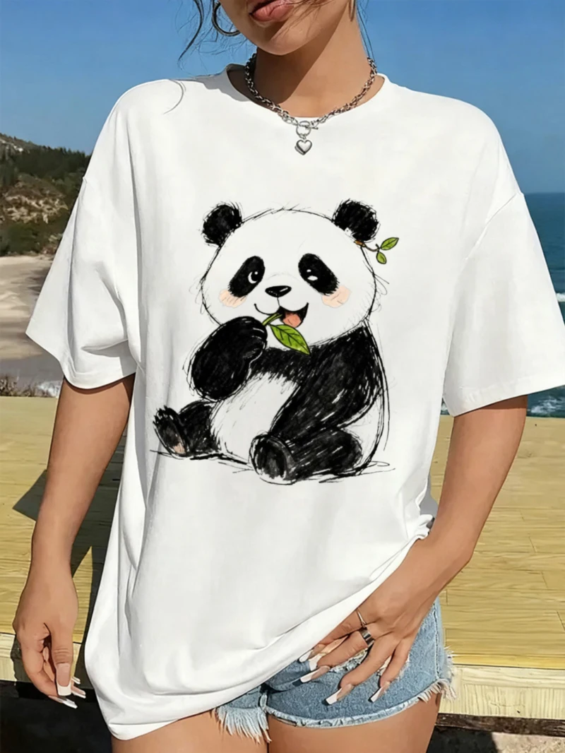 

Women's Short-sleeved White Loose Printed T-shirt Panda Eats Bamboo Leaf Pattern Print Casual Wear Pattern