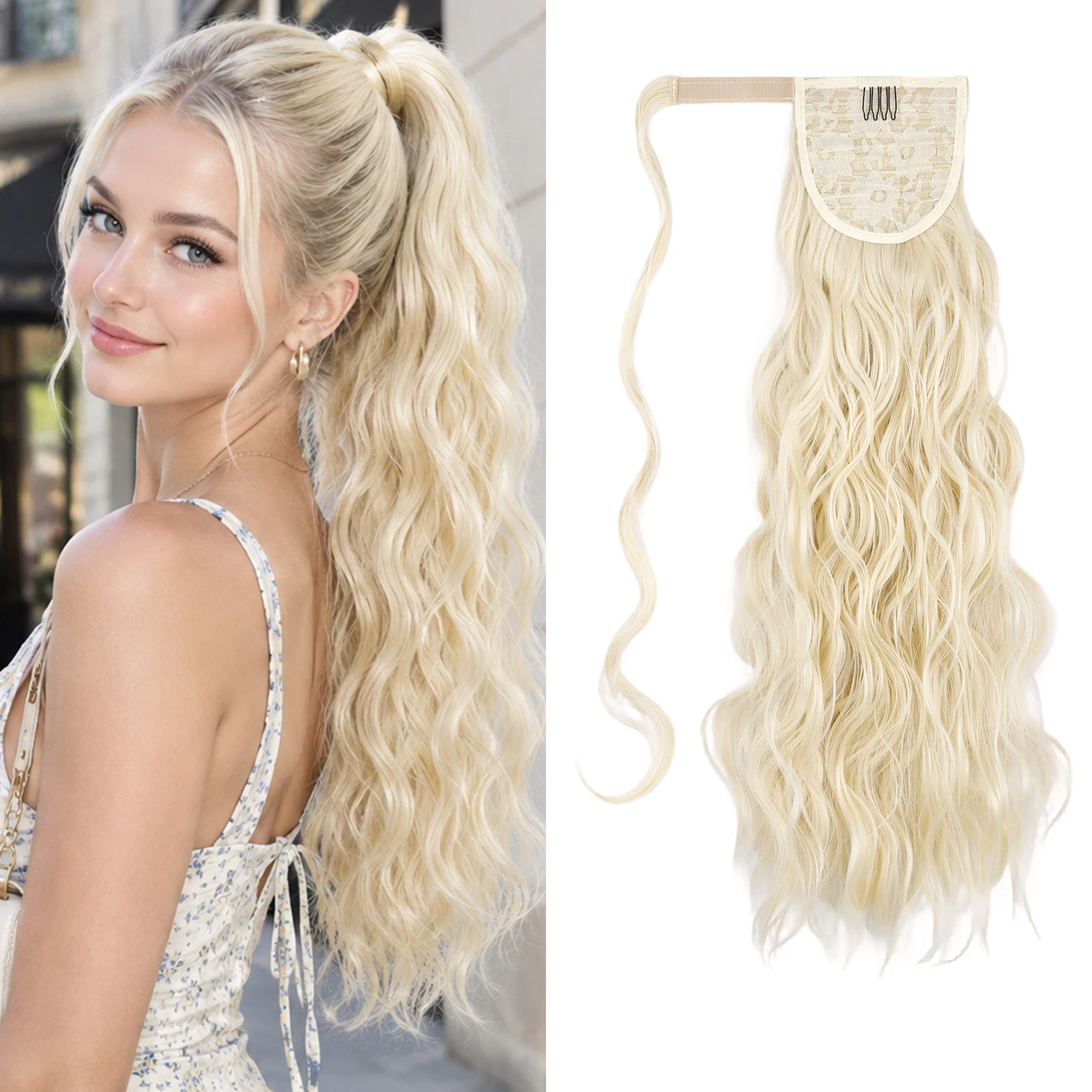 22 Inch Wrap Around Ponytail Hair Extension Curly Wavy Synthetic Ponytail Hairpiece Easy Wear Hair Extensions for Women Daily