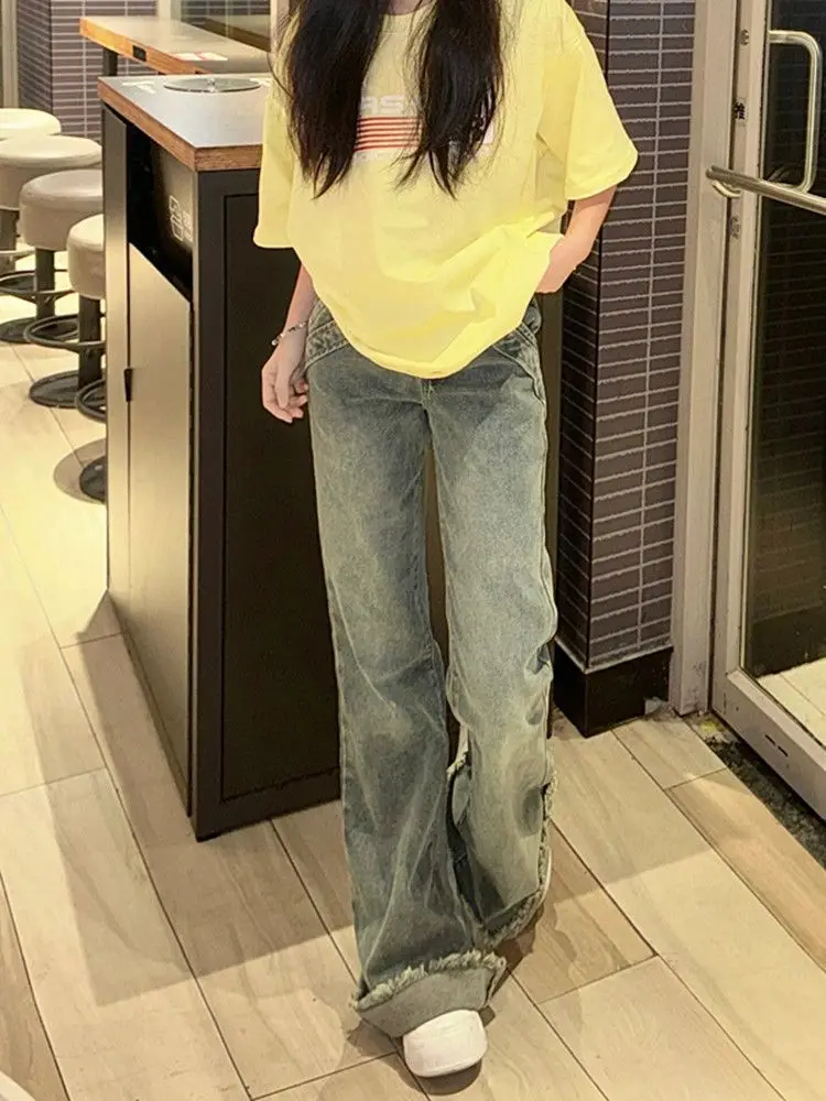 

Широкие джинсовые брюки для женщин с эластичной резинкой на талии, свободный крой, женские джинсовые брюки, модные, удобные, базовые, простые, на каждый день