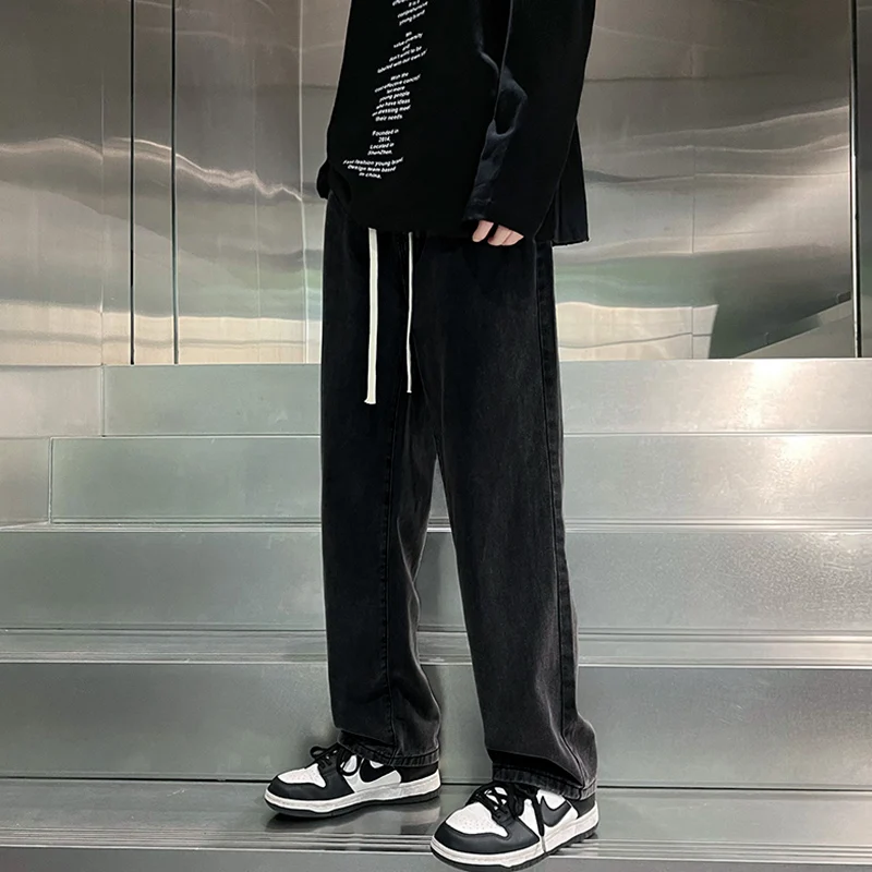 

Loose Fit Men's Denim Long Pants Casual Spor Wide Leg Dstring Spring Autumn Versatile Teenage Casual Straight Leg Jeans