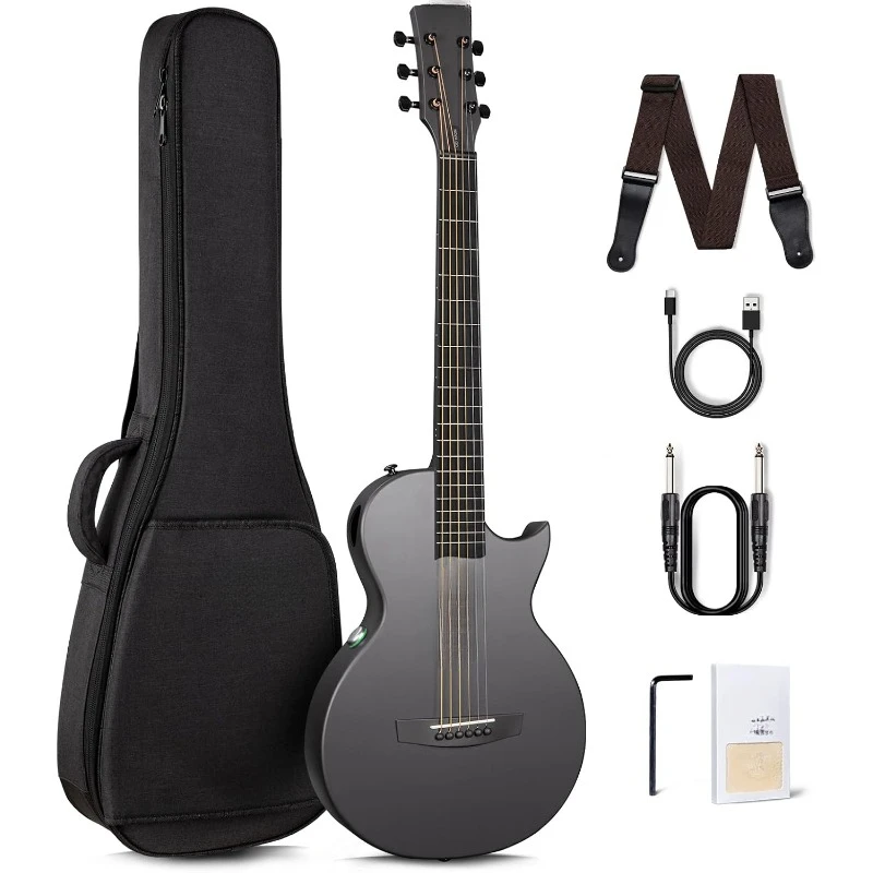 Carbon Fiber Acoustic Electric Guitar with Smart 35 Inch Travel Acustica Guitarra Starter Bundle,Strap, Strings, Charging Cable