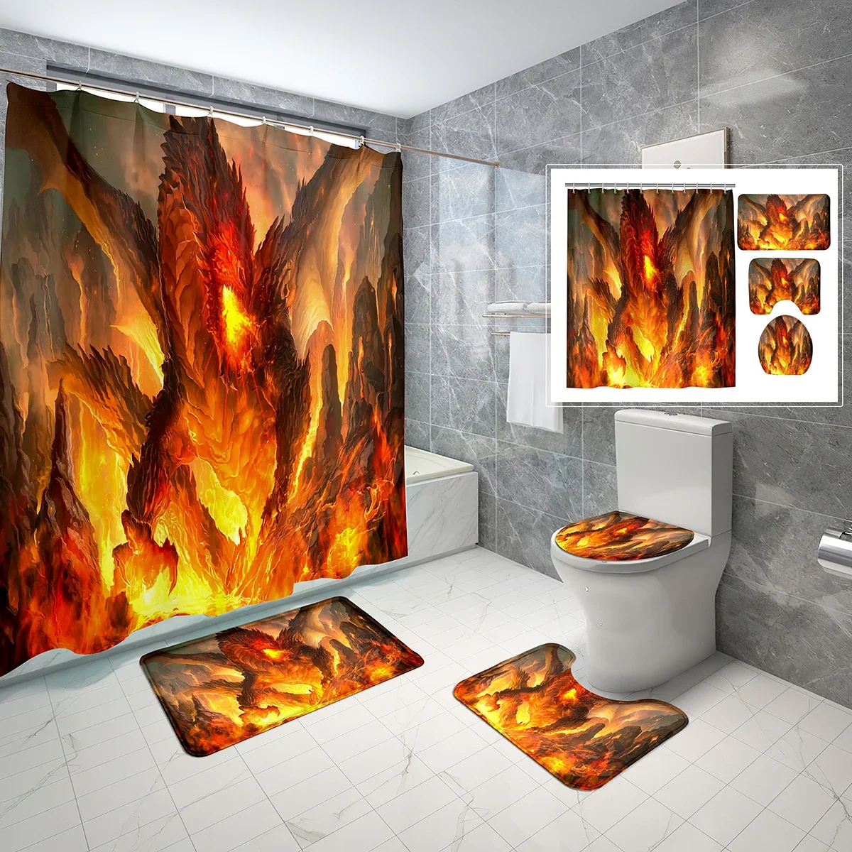 

4 Pcs Dragon Shower Curtain Sets Western Medieval Myth Fantasy Animal Non-slip Bath Mat Toilet Lid Waterproof Shower Curtain Set