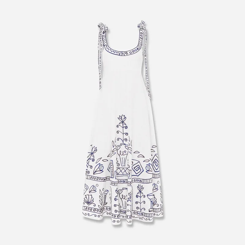 Gaun Cetak Elegan Berpinggang Tinggi dengan Sabuk, Gaun Panjang Tanpa Lengan Kasual, Rok A-Line Wanita, Gaun Panjang Tali Linen