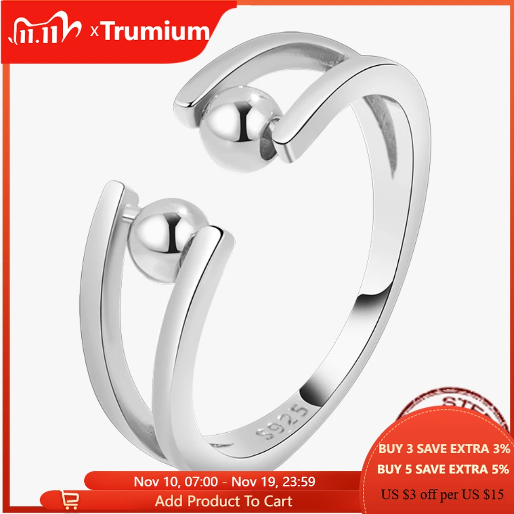

Trumium 100% S925 Sterling Silver Anti Fidget ring Adjustable Opening Bead Rings for Women's Finger Rotation Ring