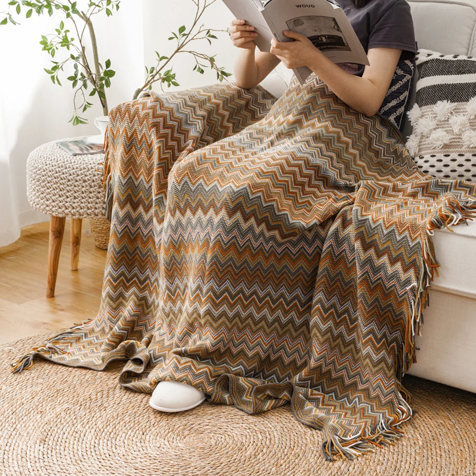 Battilo Boho Throw Blanket Lightweight Knit Throw With Tassels Bohemian Woven Sofa Blankets Soft Bed Plaid Decorative Blanket