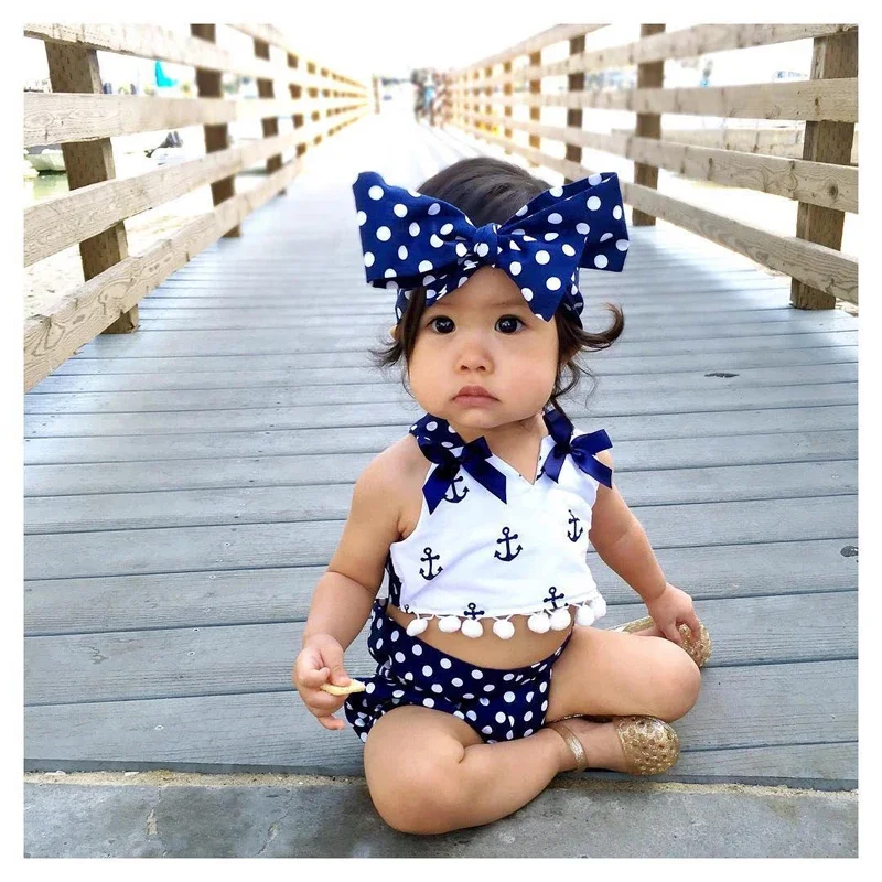 2024 3Pcs Fashion Casual Kids Baby Girls Anchors Tops and Polka Dot Briefs Set Sunsuit Halter Bathing Suit Outfits Set Hot 0-24M