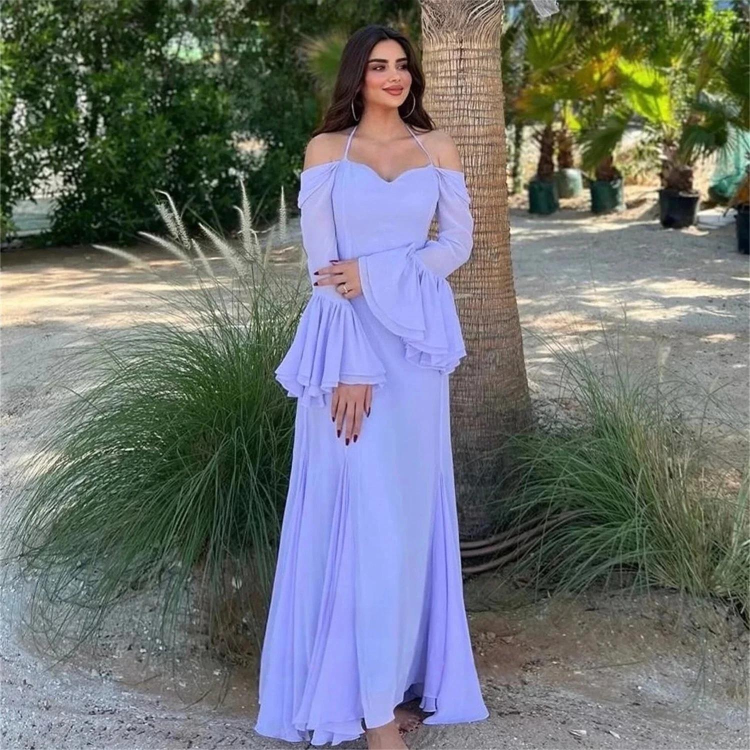 Lila Chiffon Lange Ärmel Maßgeschneidertes Anlasskleid Abendkleider Pastrol Unisex Jersey Retro Dubai Saudi Arabisch Abschlussball Maßgeschneidert