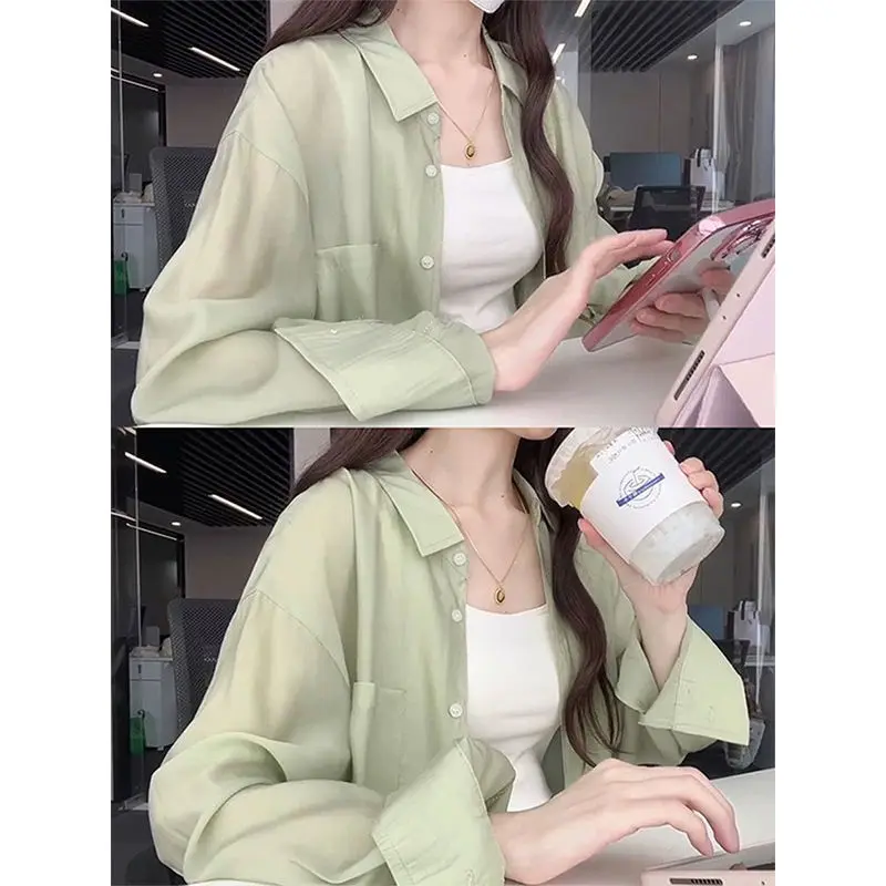 Summer Chic Long-sleeved Tops, Shirts for Women 2025 New Hot Style Light Luxury High-end Sun Protection Mint Green Shirts