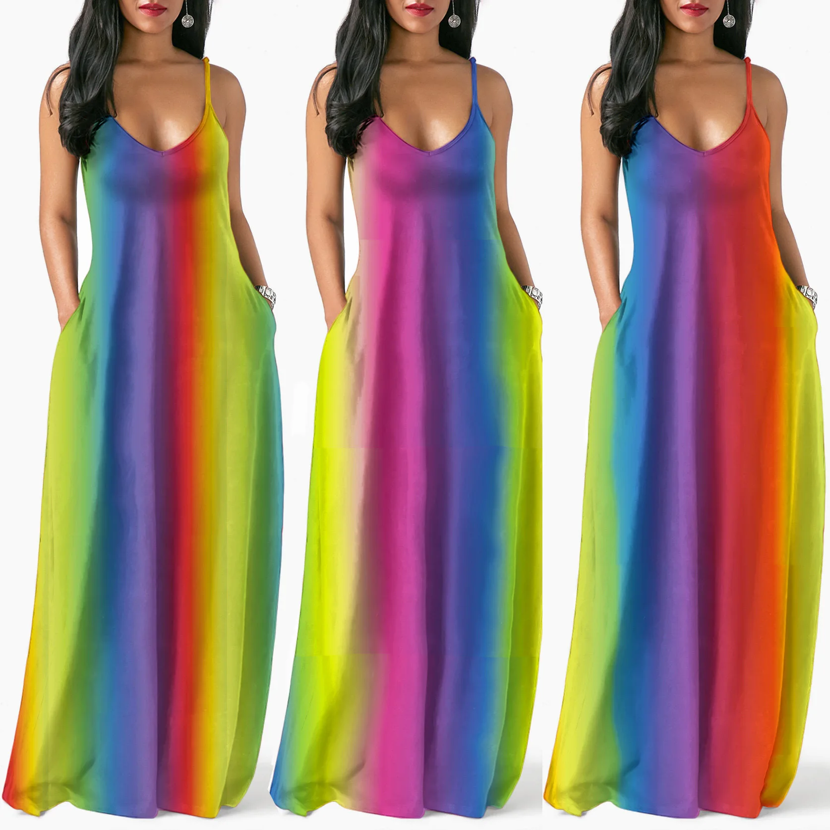 Damen Regenbogen Batik Boho Maxikleid Sommer Lässiges Boho Langes Kleid