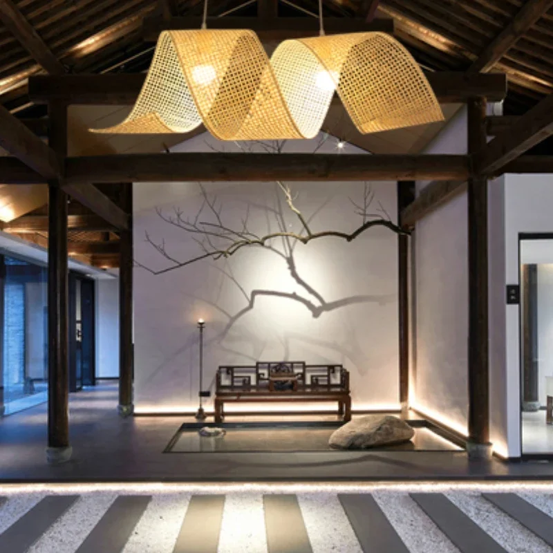 Retro Hand Knitted Bamboo Pendant Light LED Rotate Woven Lampshade Zen Room Teahouse Decor Hanging Lamp Cafe Kitchen Chandelier