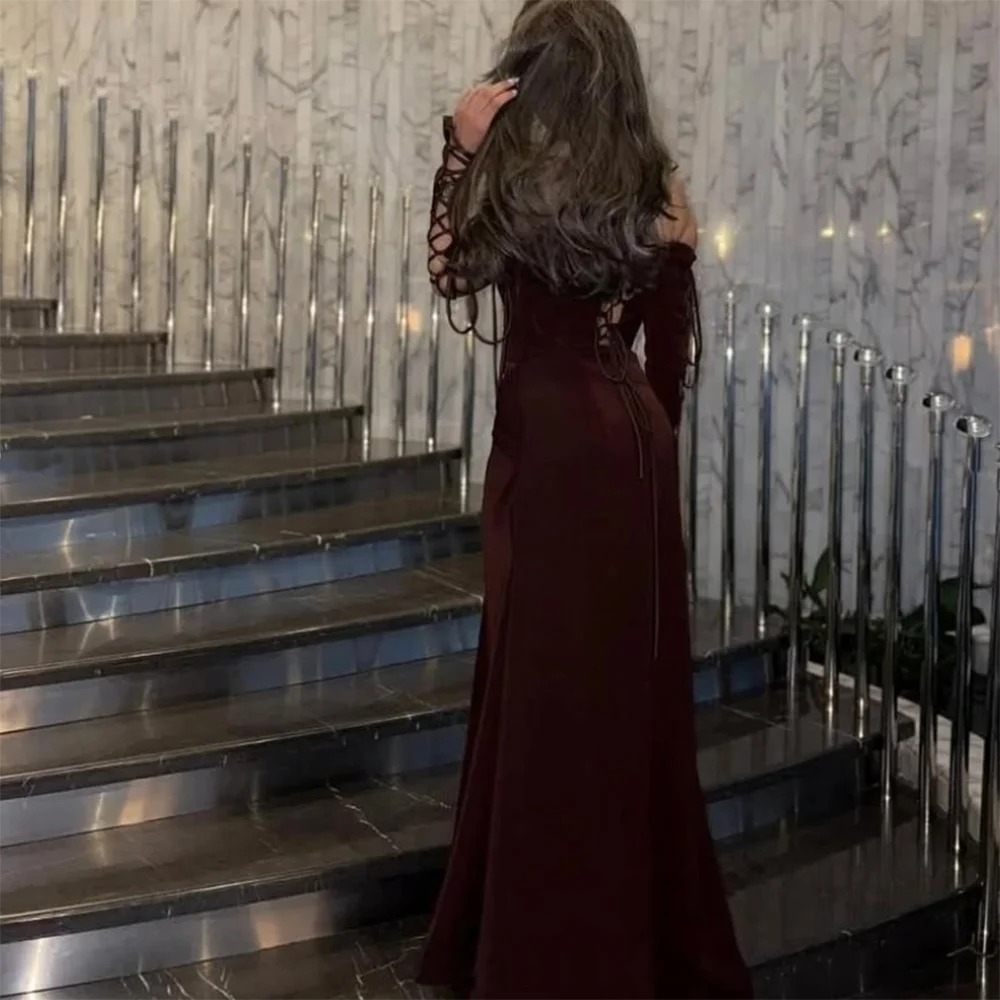 Customized A-Line Prom Dresses Ankle-Length V-Neck Full Sleeve Evening Gown Simple Draped Fashion Bow Lace-Up Party Dresses