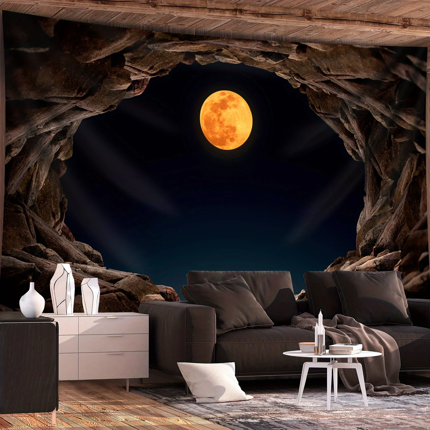 Ultra Large Abstract Moon Cave Landscape Tapestry,  Polyester Wall Art with Hand Stitched Edges for Modern Home Office Decor