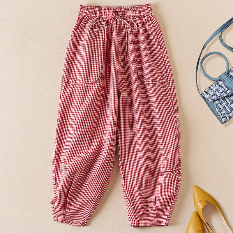 Good Quality Linen Plaid Trousers Drawstring Elastic High Waist Fashion Women'S Clothing Casual Loose Breathable Female Pants