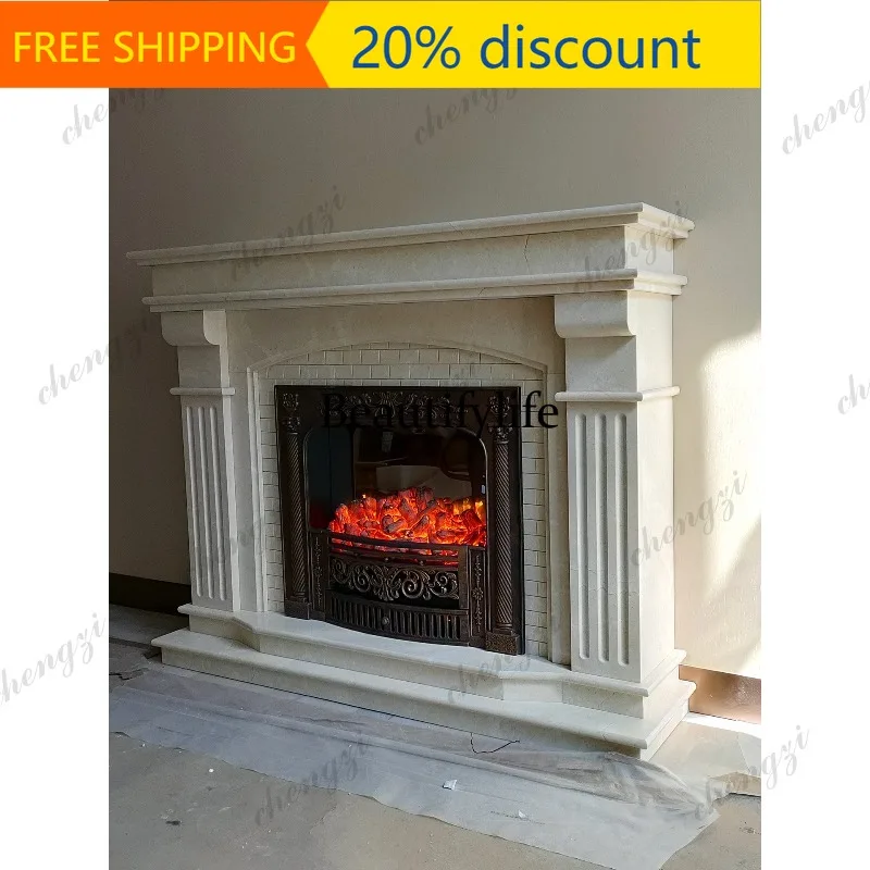 CC85 Marble carving European fireplace Spanish beige stone American relief flower living room fireplace