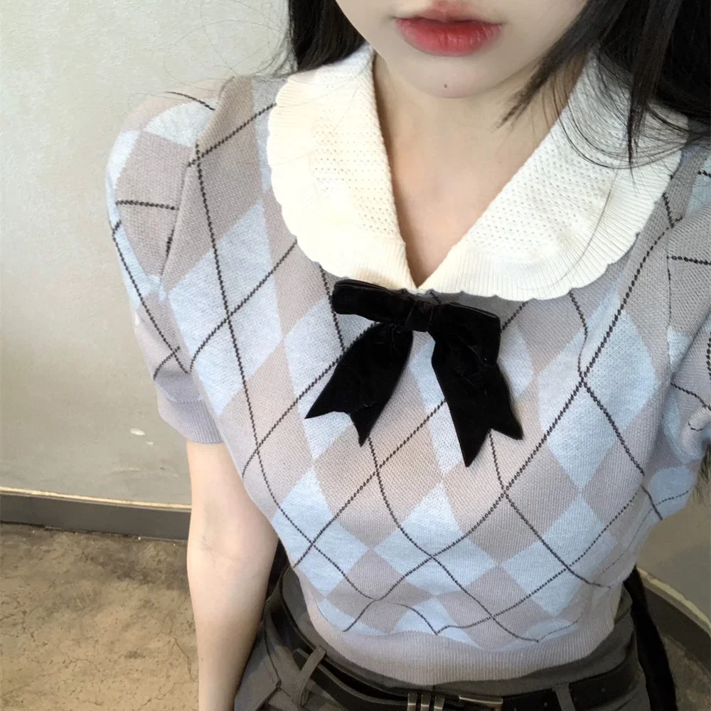 Nice Sweet Knitting Short SleeveCorset T-Shirts Femme Summer Preppy Style Bow Top Tee Women Clothes Korean Turn-down Collar Pull