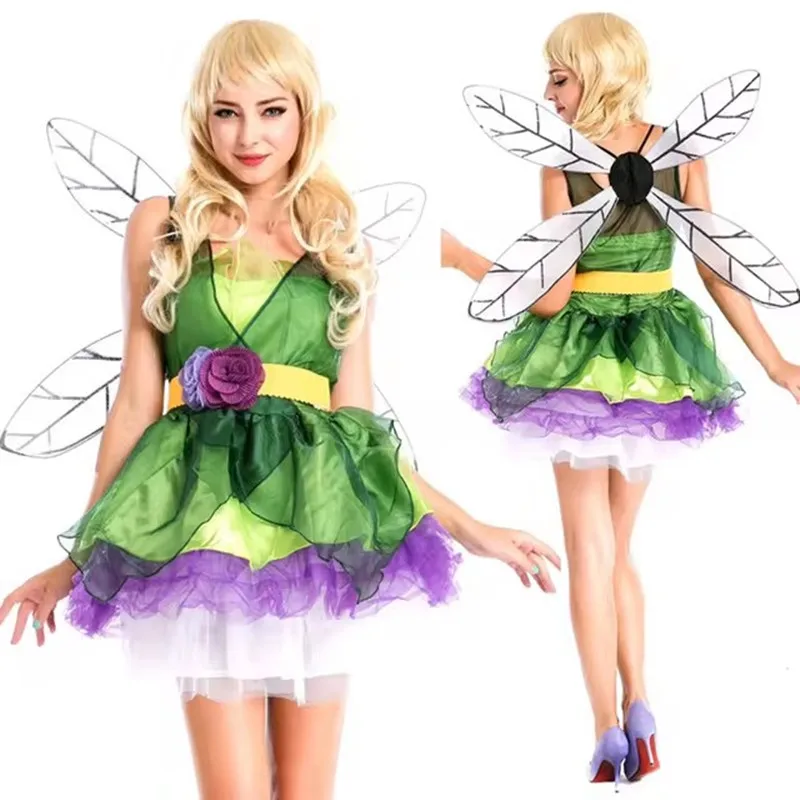 ผู้ใหญ่ Tinker Bell Fairy เครื่องแต่งกายฮาโลวีนคอสเพลย์สีเขียว Forest Elf เครื่องแต่งกายสําหรับผู้หญิง Roleplay Elf Angel ชุดแฟนซีปาร์ตี้ M-3XL